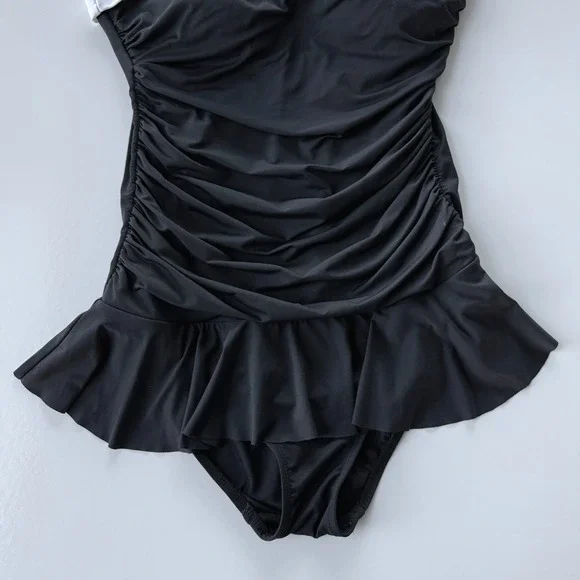 Lauren Ralph Lauren Women Swimsuit Sz 12 Black White Halter Skirted Ruched 1 Pc - Picture 5 of 15